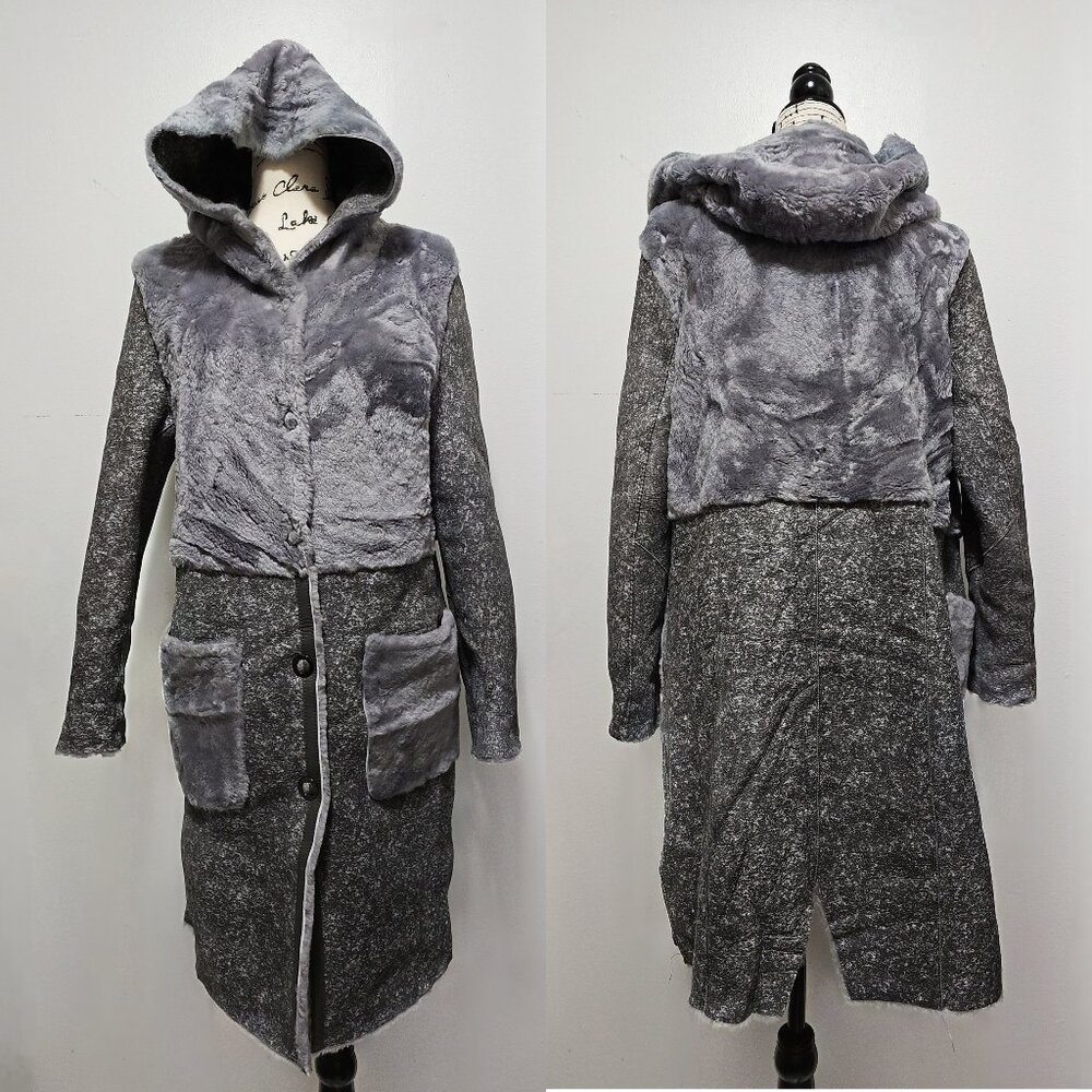 New Real Sheepskin Shearling Coat Jacket Parka Silver Grey Reversible Suede M